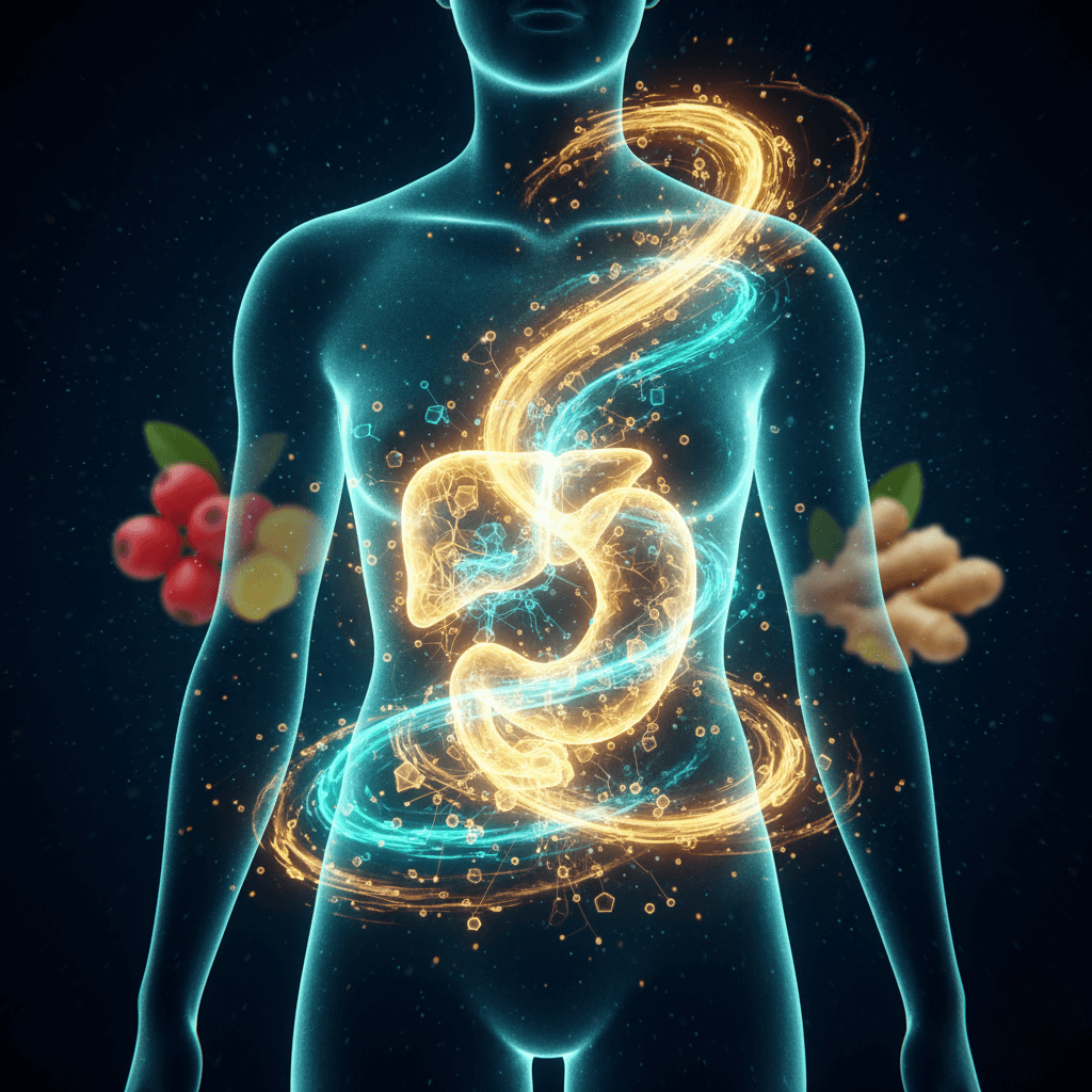 Abstract, conceptual representation of the human torso with luminous energy flows (gold and teal) circulating in the core, illustrating metabolic activation and internal fat burning.