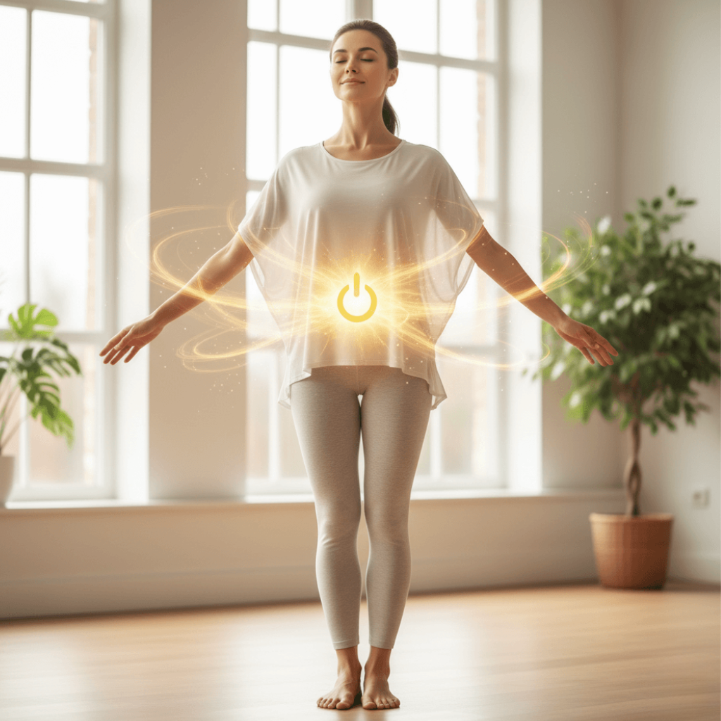Woman in yoga or stretching pose, radiating a golden glow from her core, symbolizing optimized metabolism and internal energy. Wearing modest active-wear.