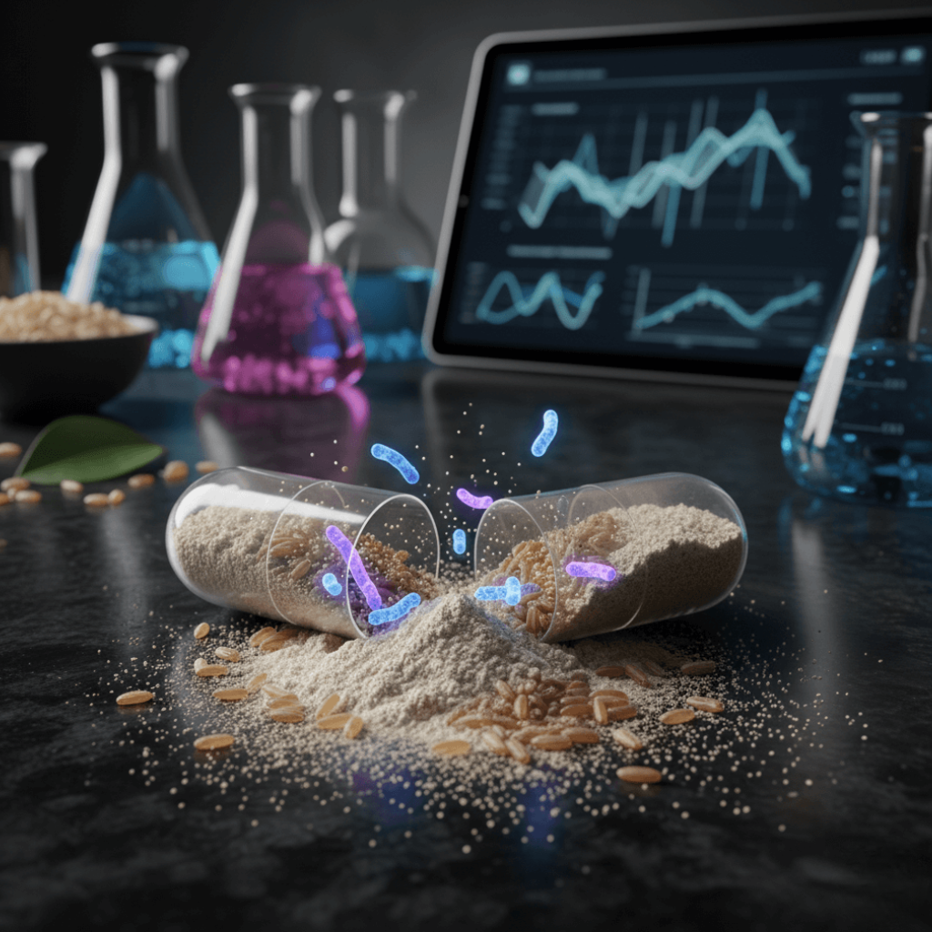 Scientific analysis of the 13 probiotic strains and whole rice flour within the Ozelyt CS 20B capsule.