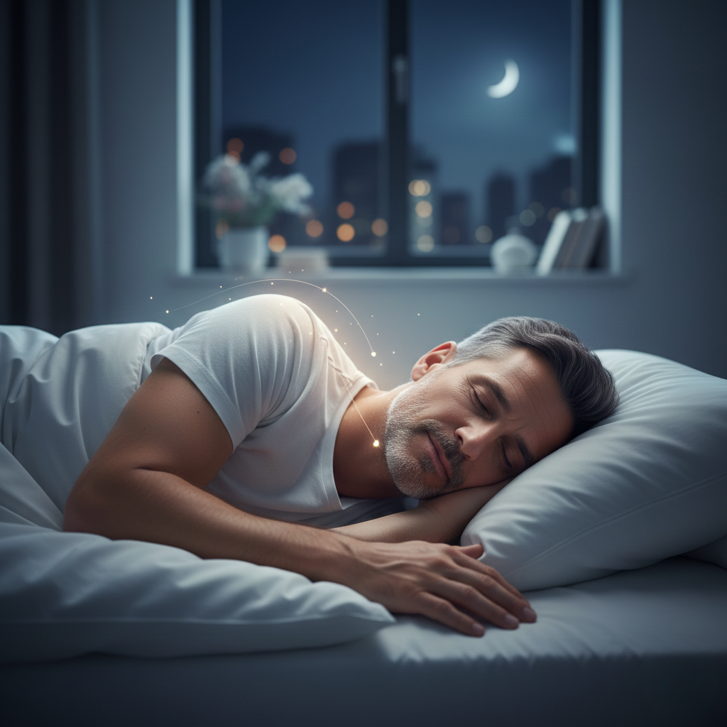 Adult man sleeping peacefully, representing deep restorative sleep, prostate support, and male vitality.