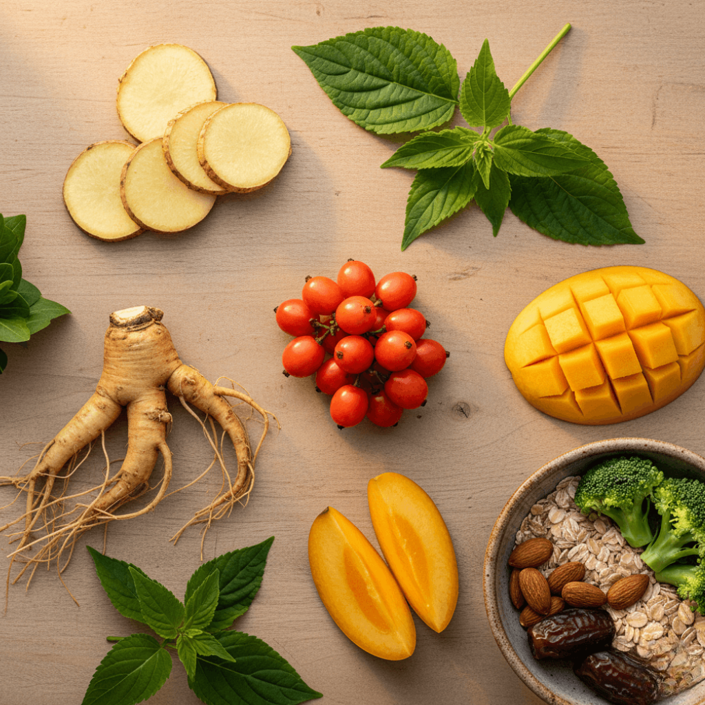 Natural ingredients like cinnamon, ginger, and green leaves arranged on a wooden table, symbolizing healthy support for blood sugar.