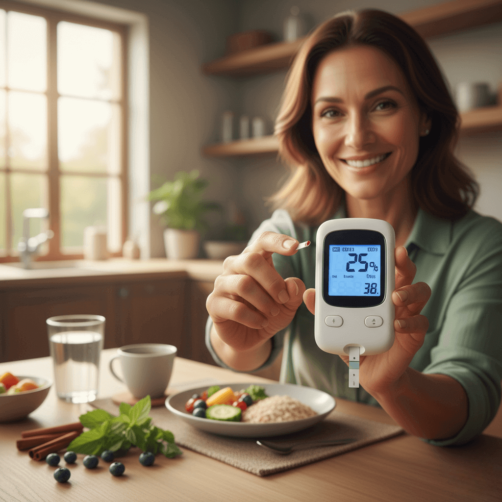 Woman smiling while measuring her glucose, accompanied by a healthy meal, representing the natural balance of blood sugar levels.