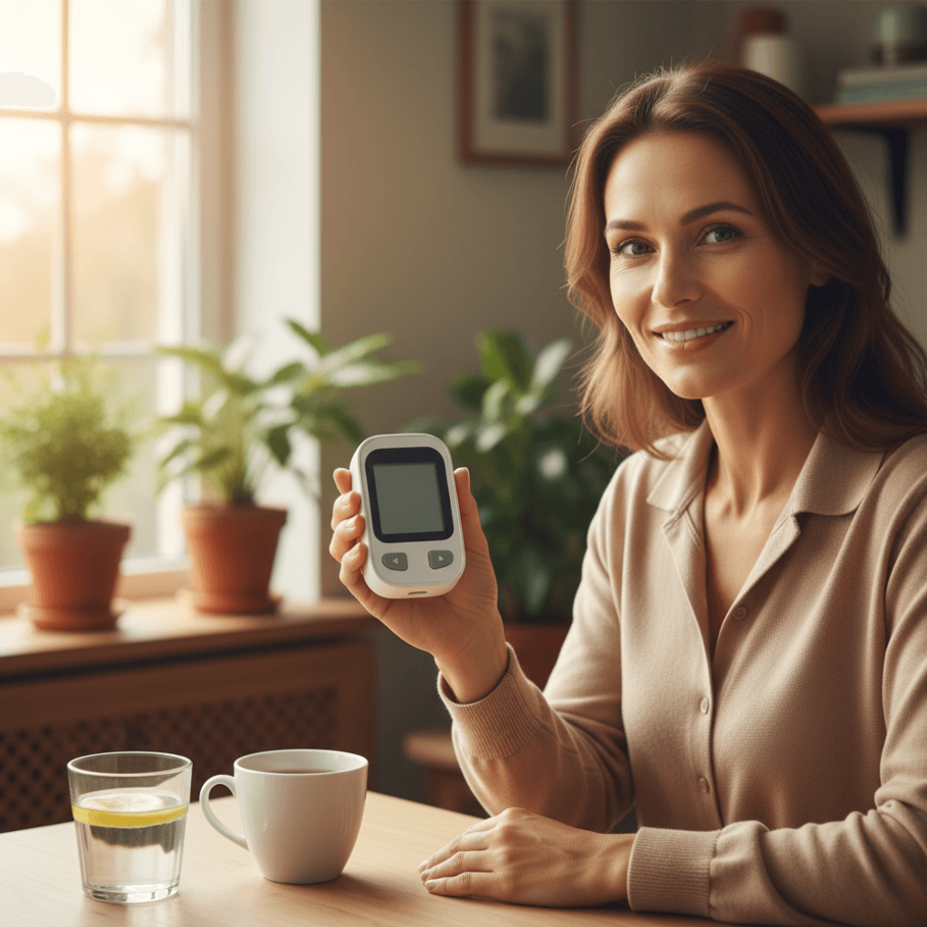 Person smiling while measuring blood sugar with a glucometer, representing healthy blood sugar control.