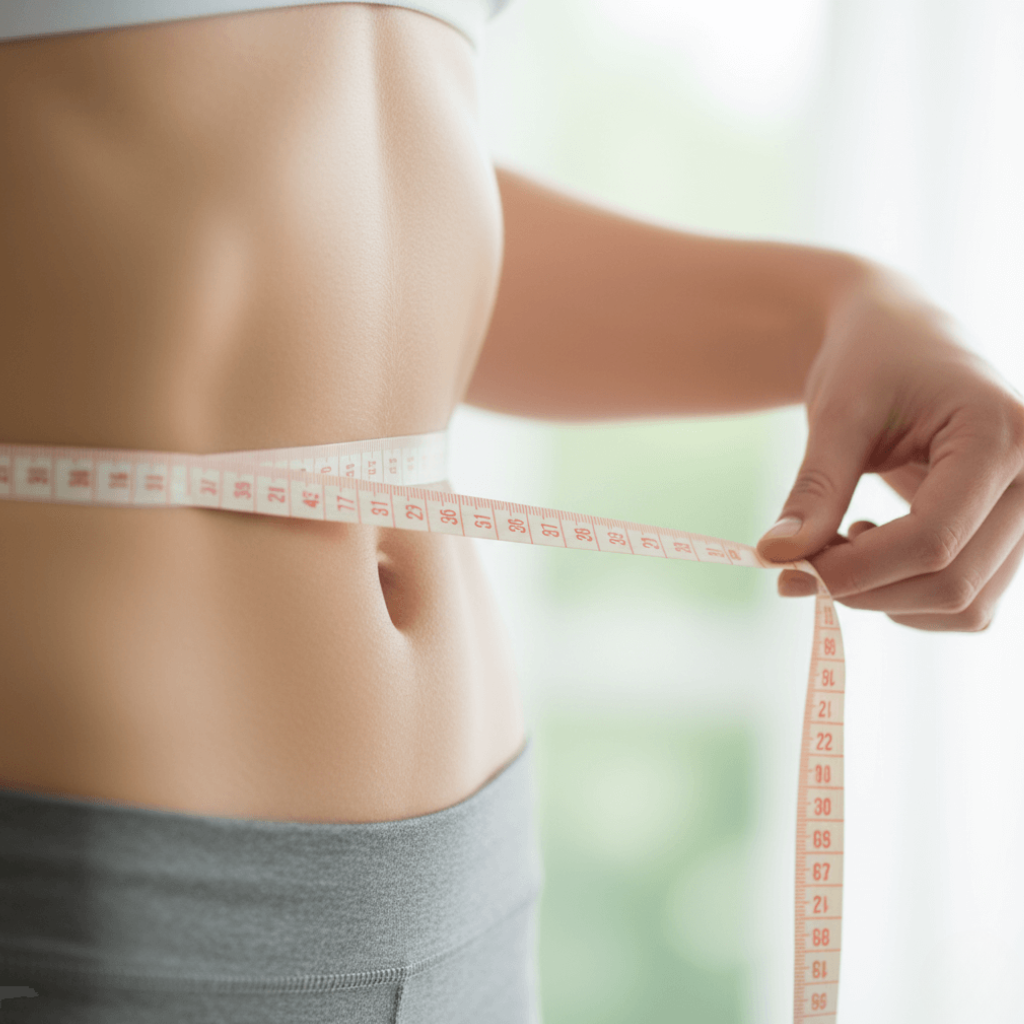 "Close-up of waist with measurement tape, symbolizing gradual and healthy weight loss"