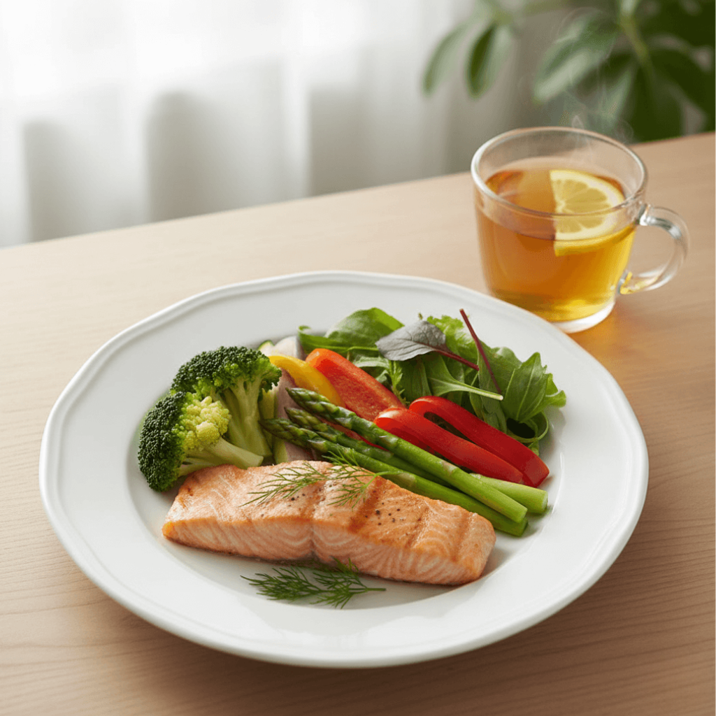 "Balanced meal with vegetables and salmon, illustrating healthy eating for weight management"