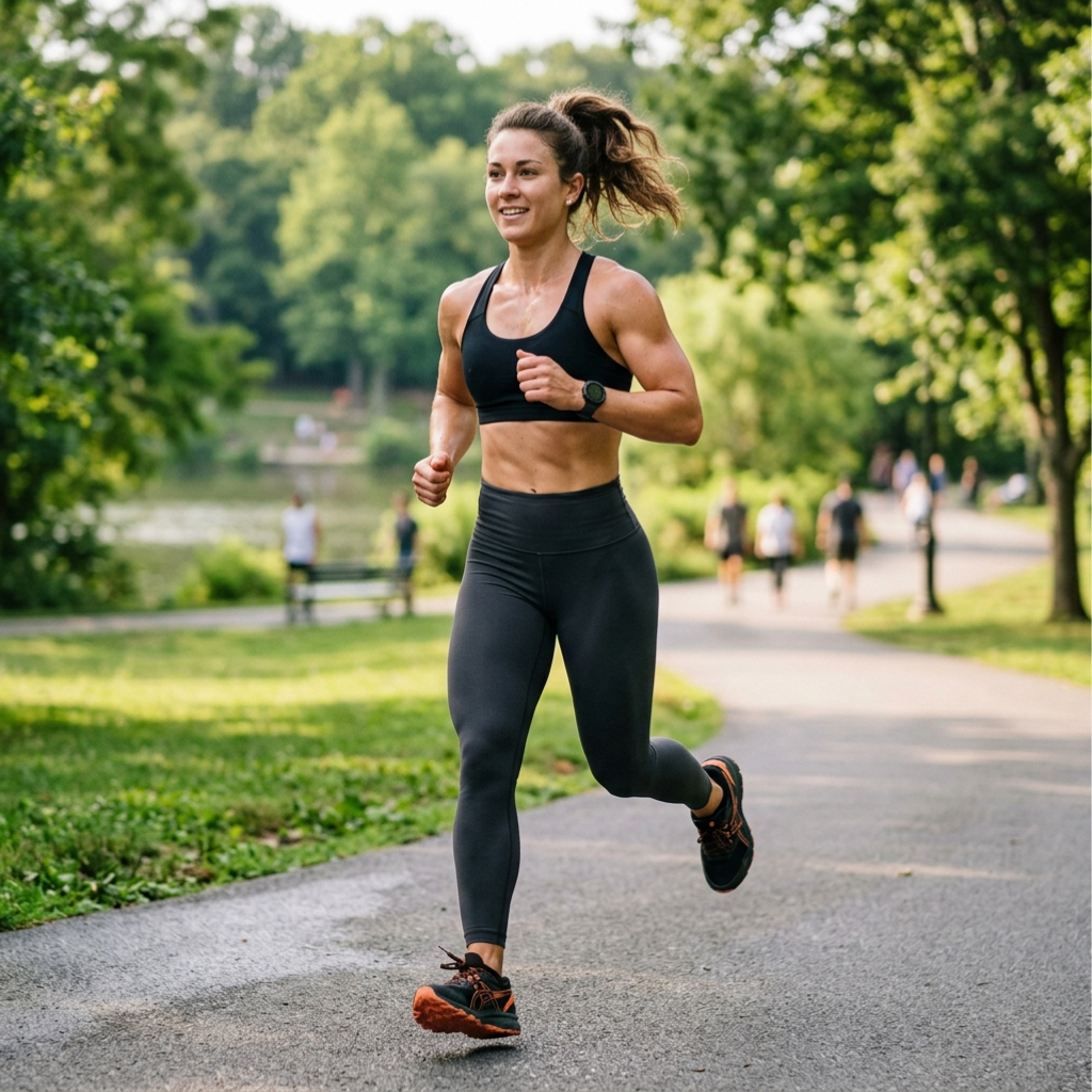 “Fit woman with ponytail running outdoors, wearing black workout clothes.”