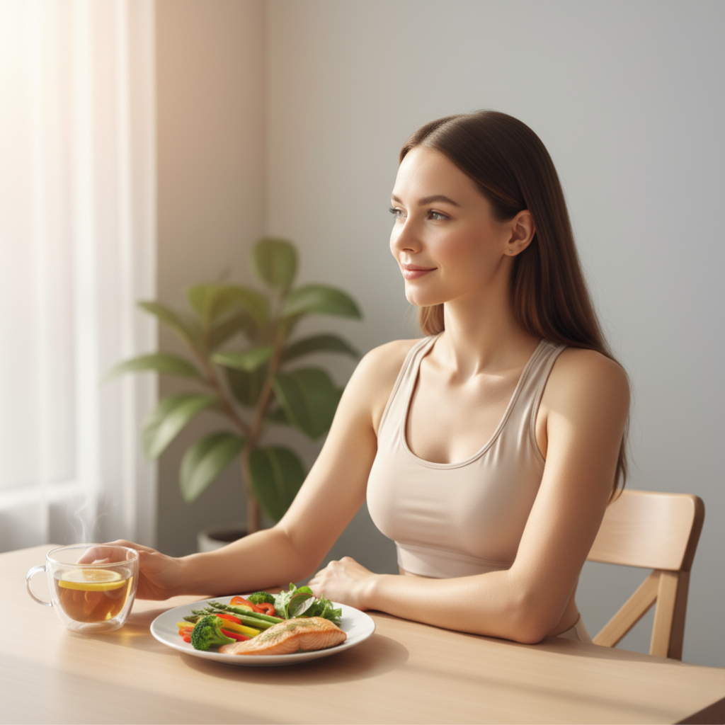 Woman enjoying a balanced meal as part of daily self-care.