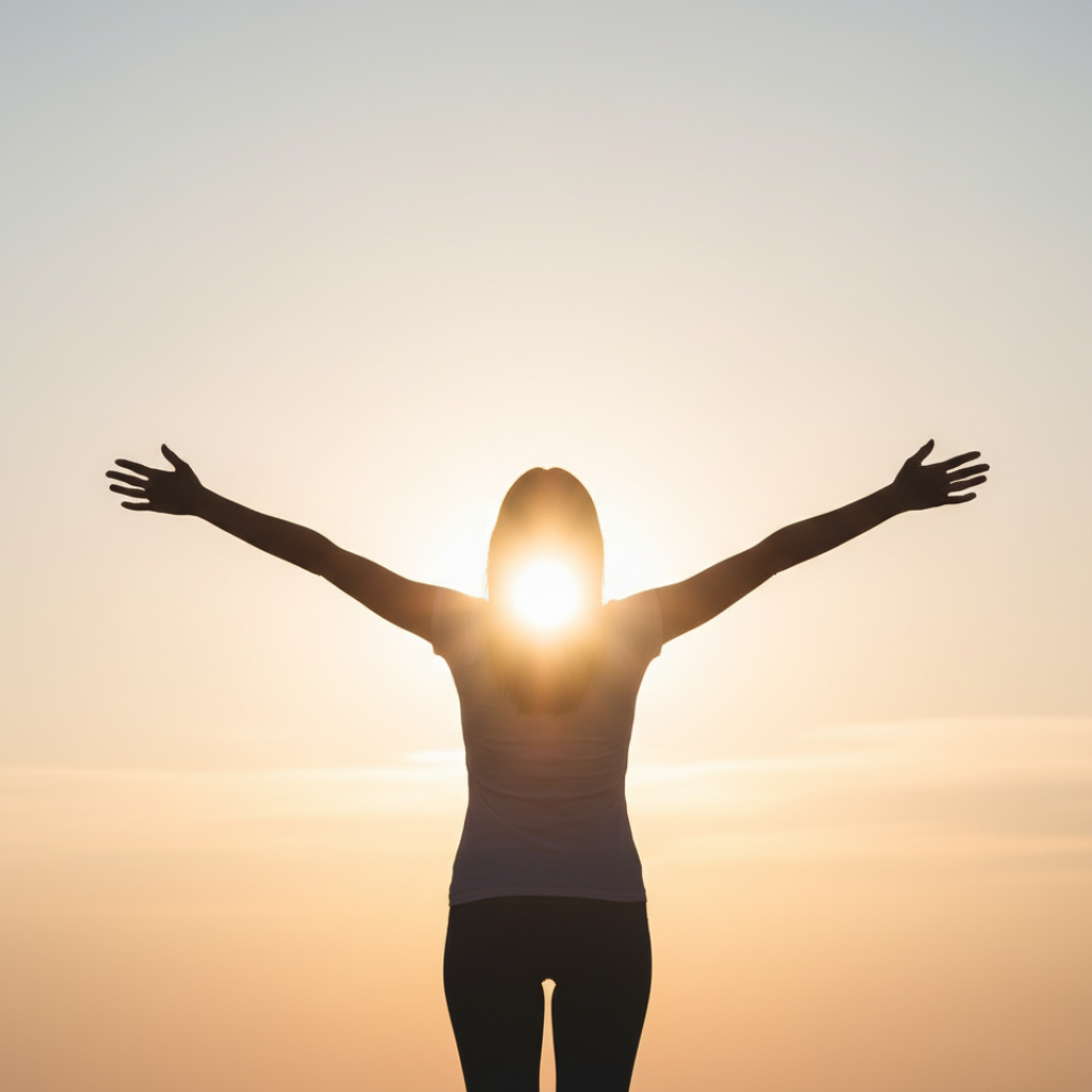 Woman receiving energy from the sun symbolizing vitality and renewal.