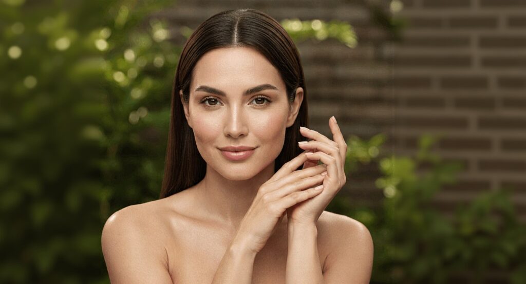 Natural skin radiance with soft, healthy complexion in a calm botanical setting