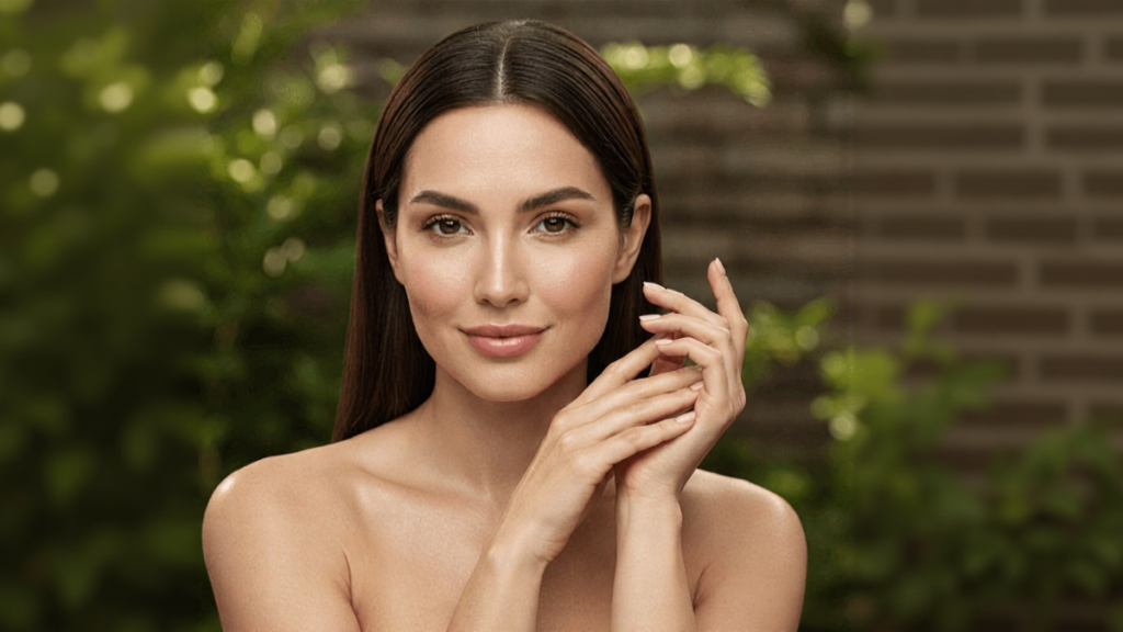 **Woman with radiant skin and natural appearance in an outdoor setting, representing beauty and skincare.**