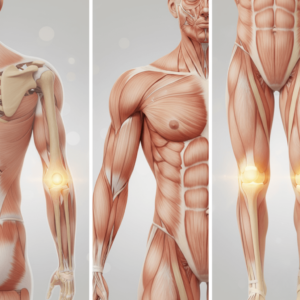 Illustration of inflamed joints including shoulder, elbow, and knee highlighting joint discomfort and inflammation