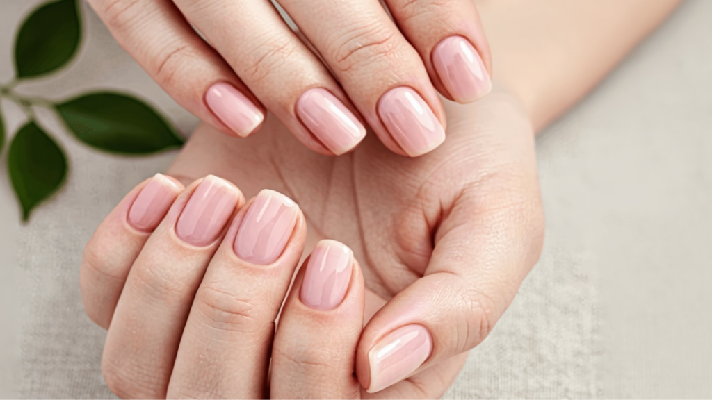 **Female hands with short, well-groomed nails, painted in a light pink shade, representing elegance and natural care.**