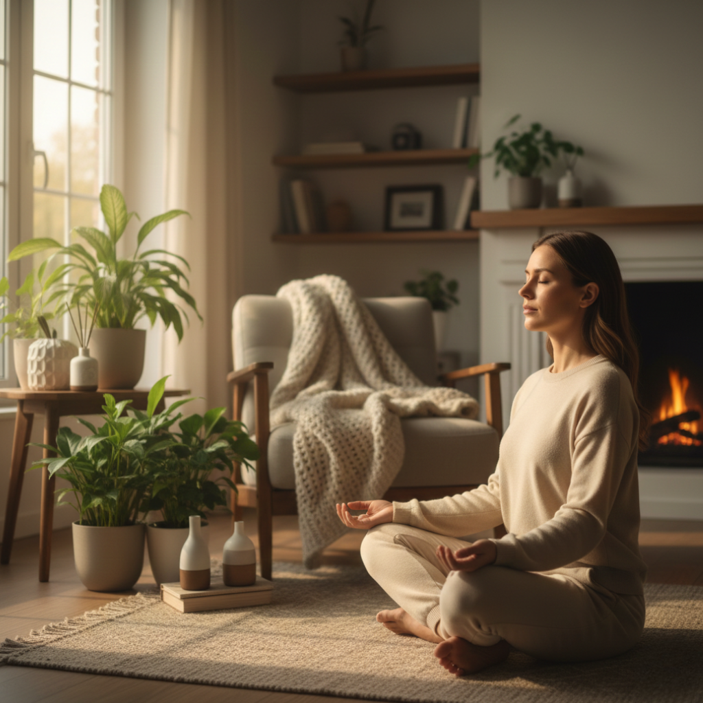 Women relaxing and meditating peacefully, representing calm, stress relief, and natural wellness.