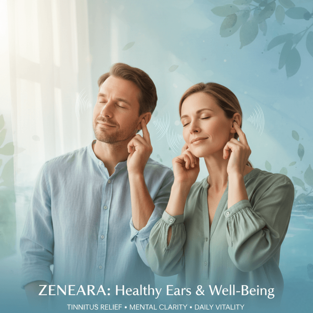 Adult man and woman with relief and comfort, representing tinnitus relief, hearing support, mental clarity, and daily vitality.