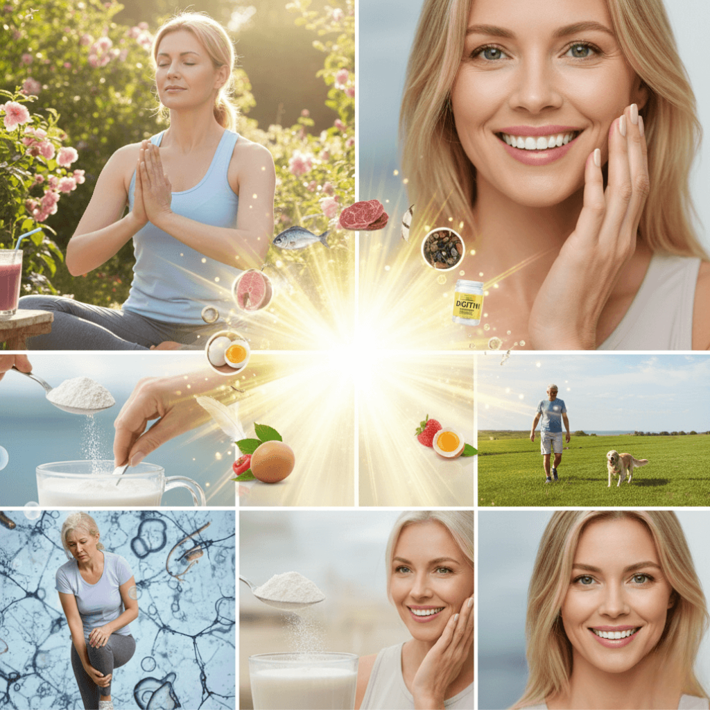 Multi-Collagen Plus: Collage showing benefits, including woman doing yoga, collagen sources (meat, fish), and man walking, representing health and wellness.