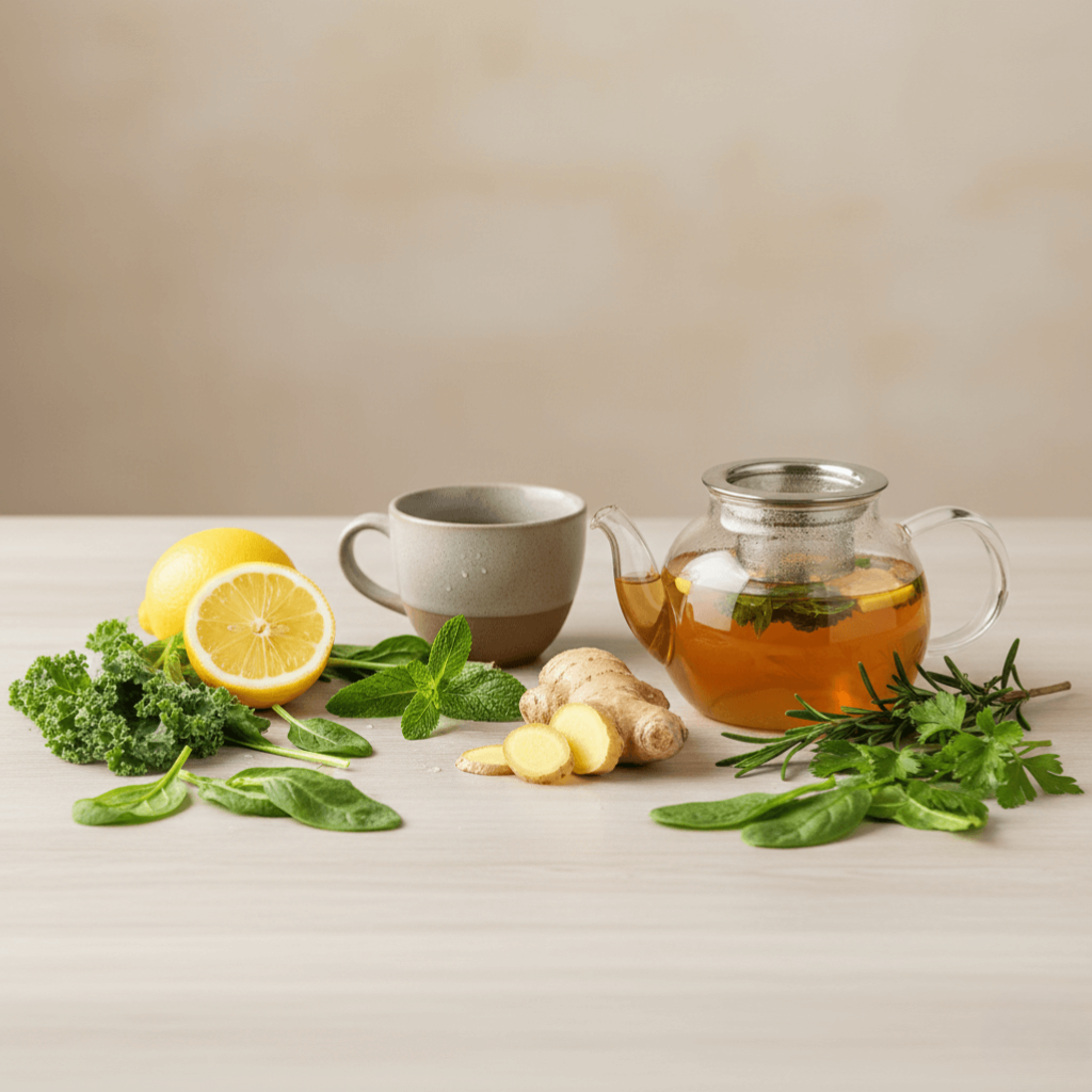 Gentle natural detox concept using herbs and plants to support digestion 