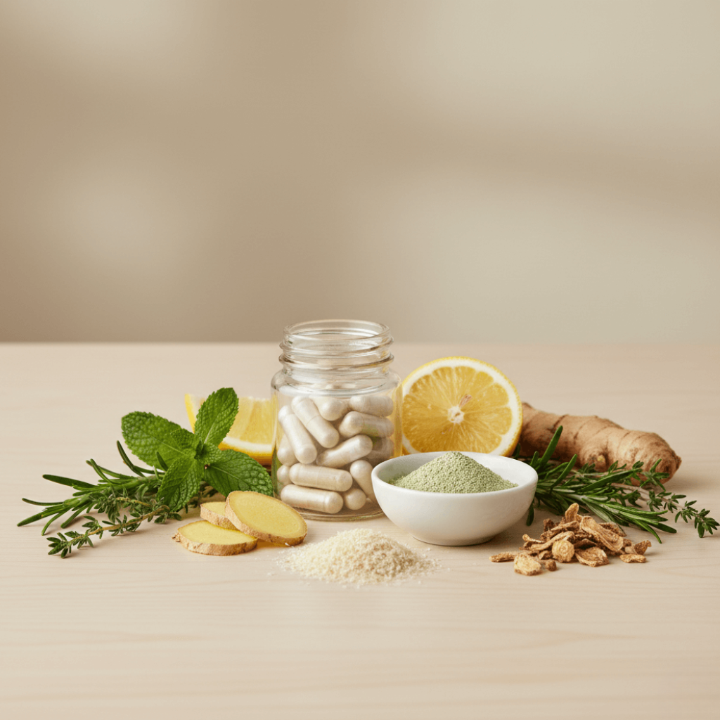 Natural digestive supplements displayed with plant based ingredients in a clean layout 