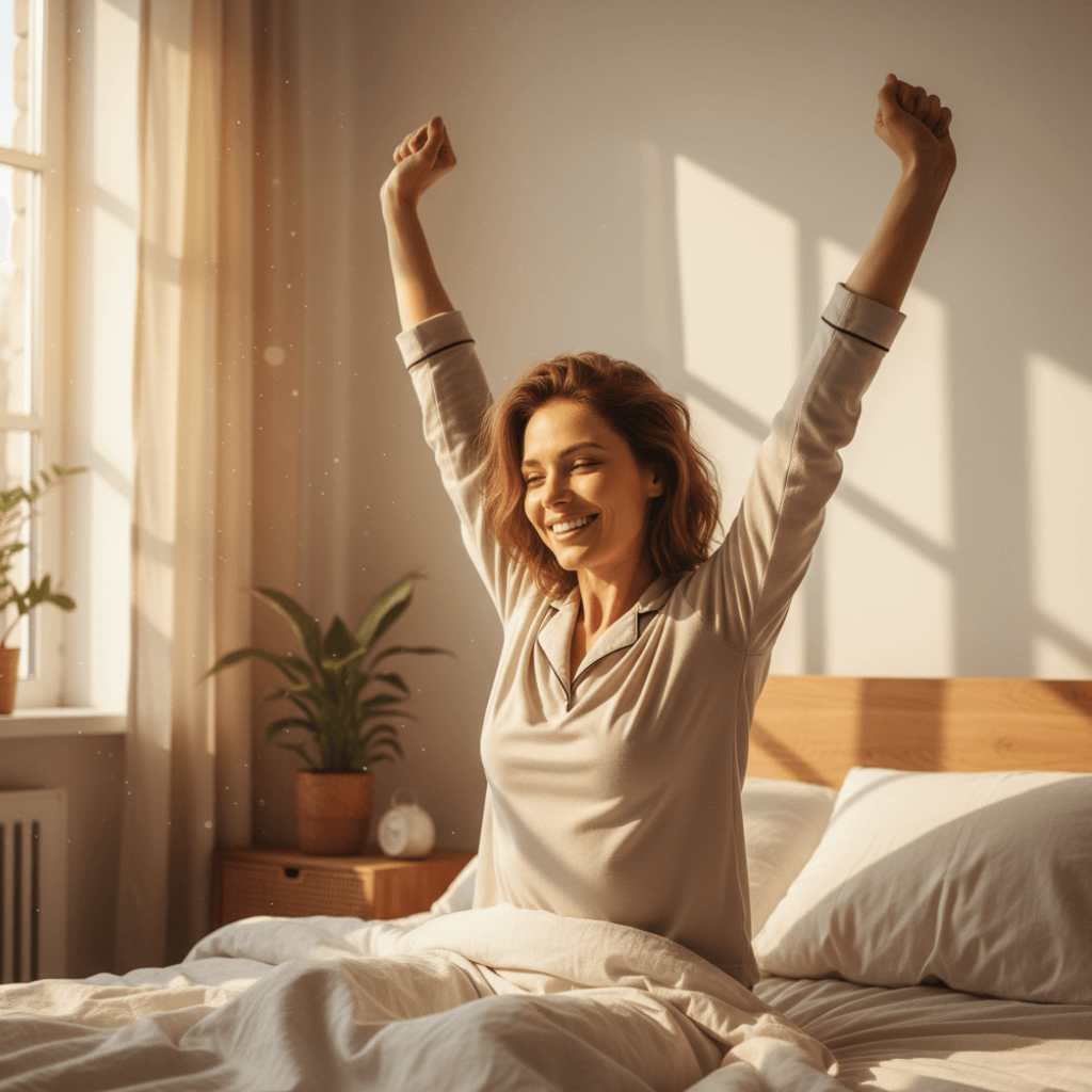 Refreshed person waking up energized after deep and restful sleep