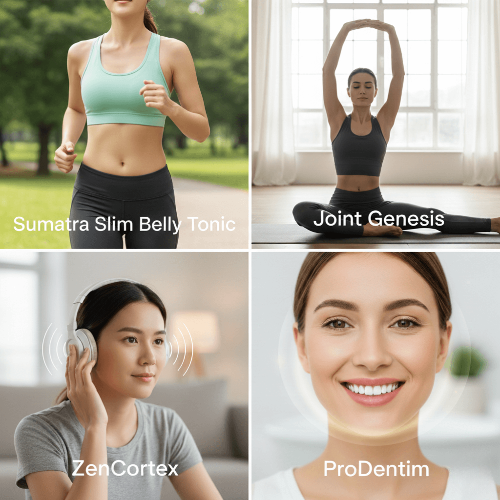 Four people representing health benefits: weight management and digestive wellness, joint health and flexibility, hearing health and tinnitus relief, and oral health support
