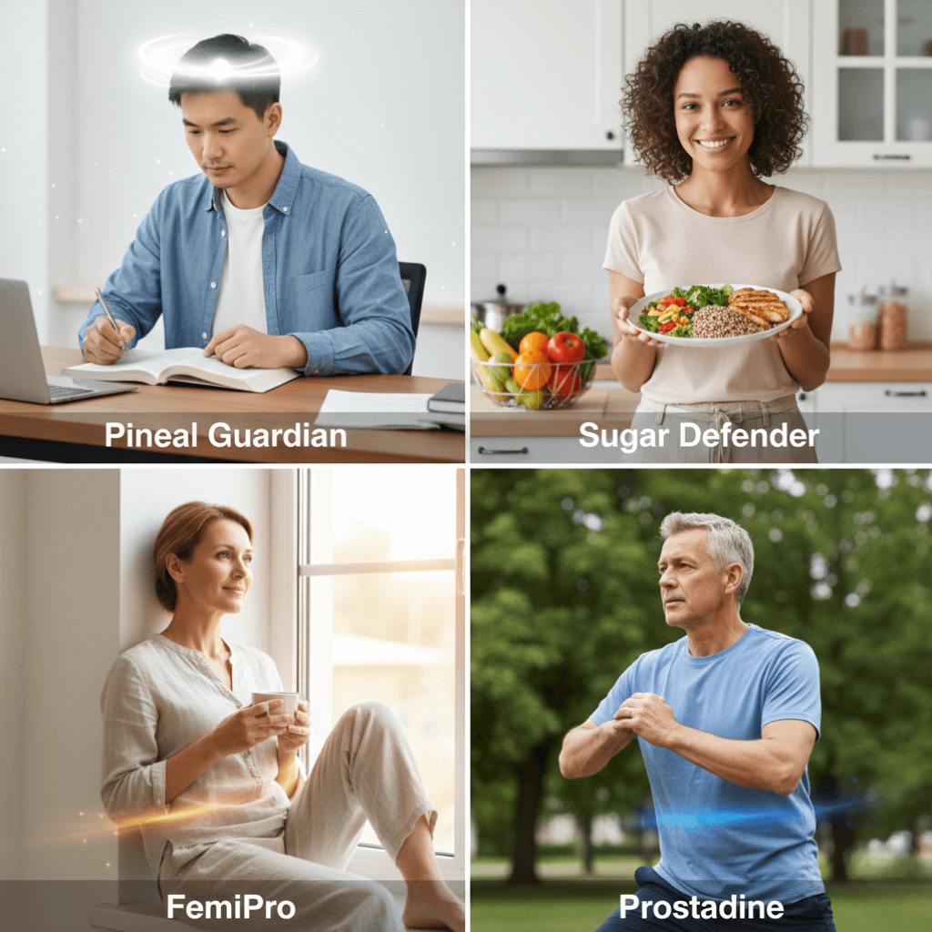 Four people representing health benefits: mental focus and well-being, natural blood sugar support, women’s urinary health, and men’s health and prostate support