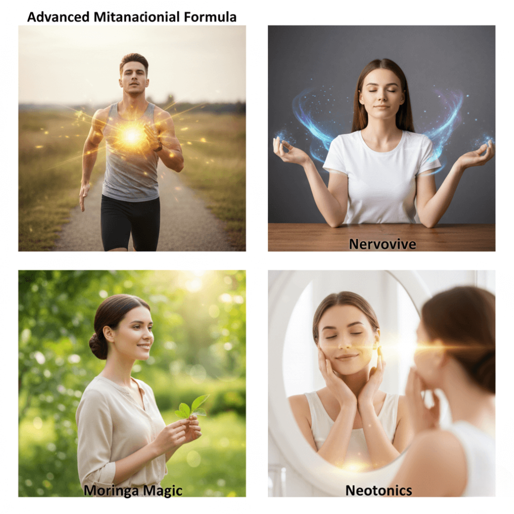 Four people representing health benefits: cellular energy and renewal, nerve support and vitality, natural health and vitality, beauty and digestive health