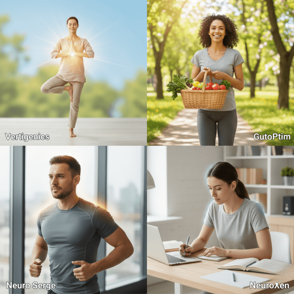 Four people representing health benefits: balance and dizziness prevention, digestive health, brain, heart and metabolism support, and mental focus and cognitive clarity