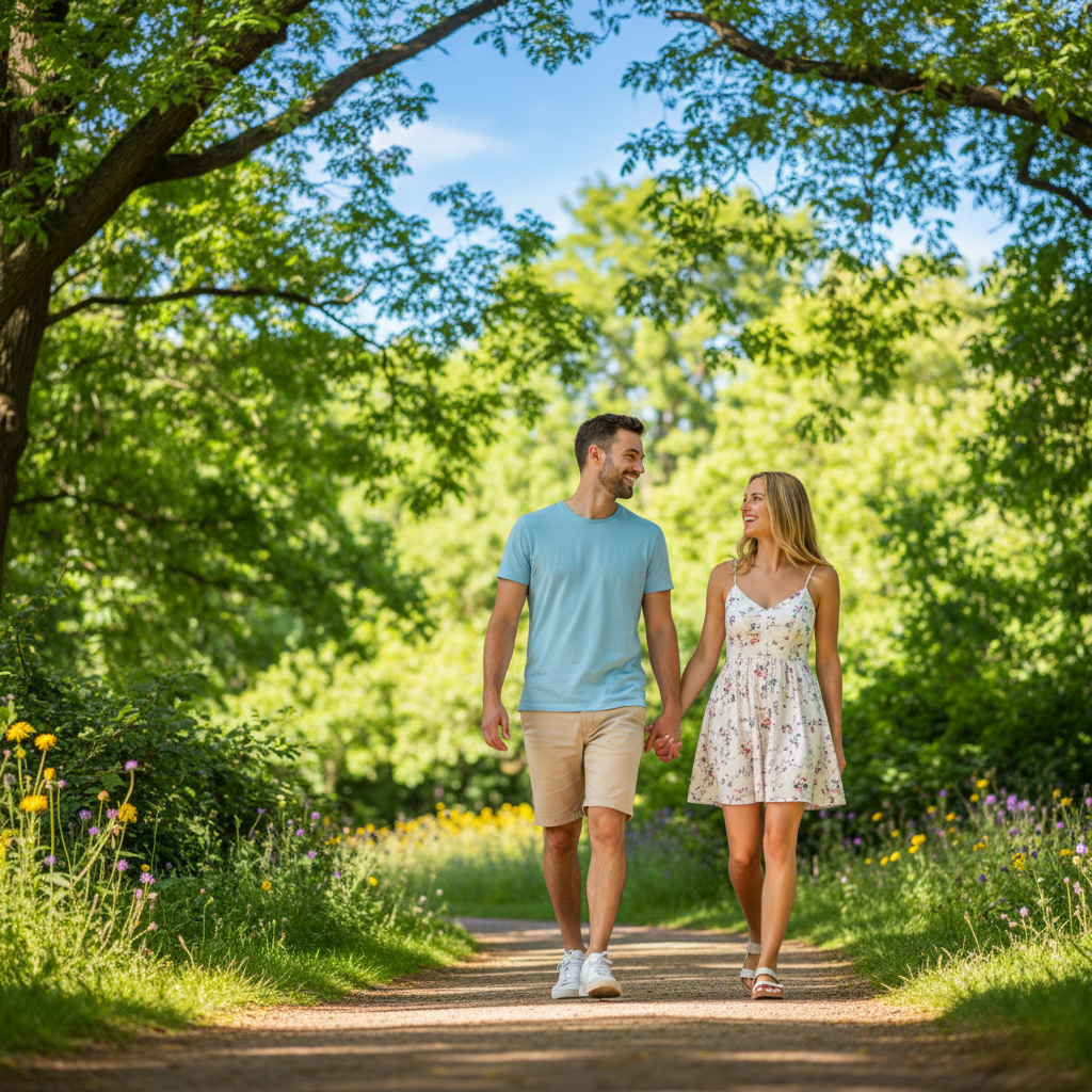 "A happy couple walking hand in hand in a sunny park, smiling and enjoying nature, symbolizing health, vitality, and a positive lifestyle."