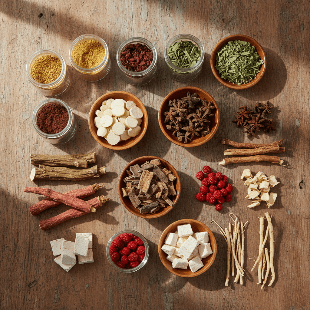 "Natural herbal ingredients of Emperor’s Vigor Tonic supplement, including Dodder Seed, Wild Yam, Rehmanniae Radix, Cnidium Monnieri, Eucommia Ulmoides, Cistanche, Radix Achyranthis, Schisandra, Poria Cocos, Shan Zhu Yu, and Polygala Tenuifolia, arranged neatly on a wooden surface in glass jars and bowls, showcasing purity and natural wellness."