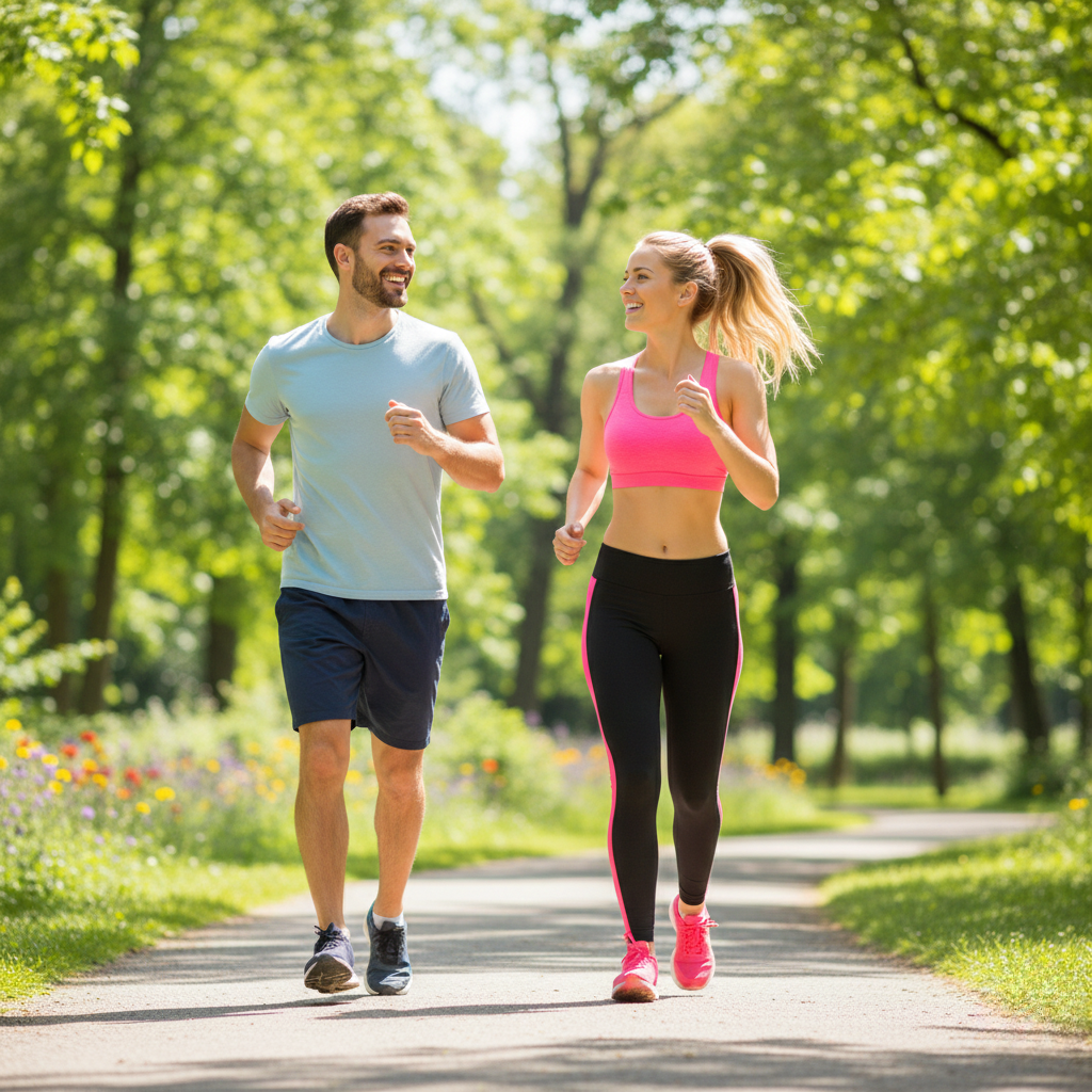 "A fit couple jogging or stretching outdoors, smiling and motivated, showcasing a healthy lifestyle, energy, and vitality."