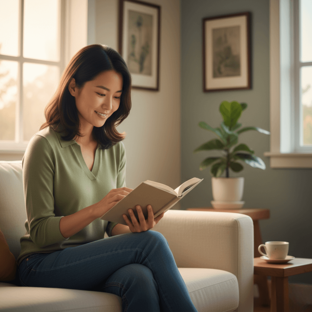 Person reading a book with calm mental energy and focused attention