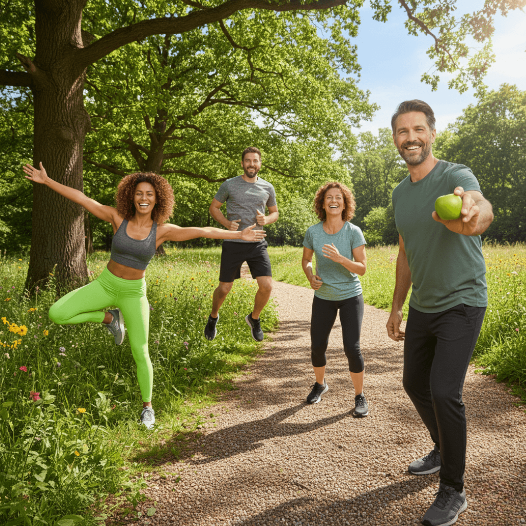 Energetic people engaging in outdoor activities, running, stretching, and smiling, radiating health and vitality.