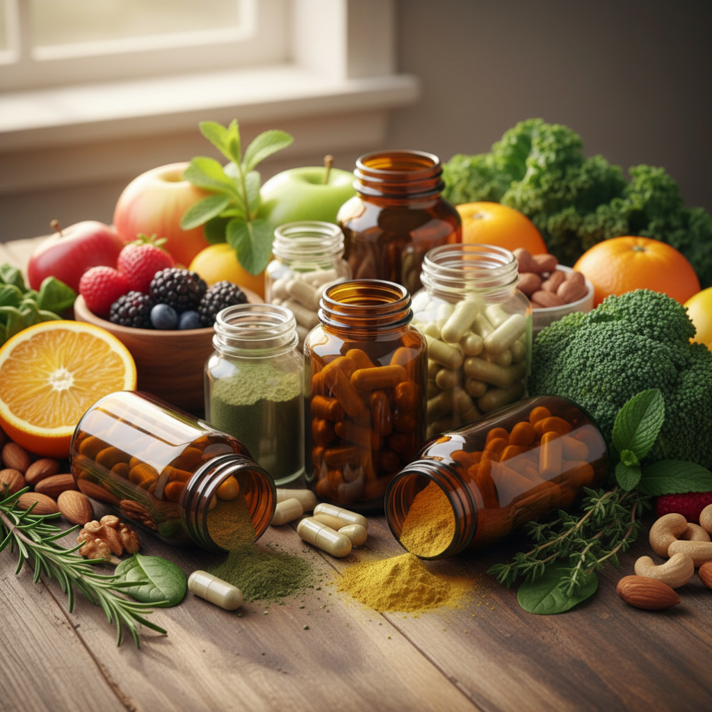 Natural supplements in bottles, surrounded by fruits, vegetables, and herbs, symbolizing health, vitality, and the best benefits of natural supplements.