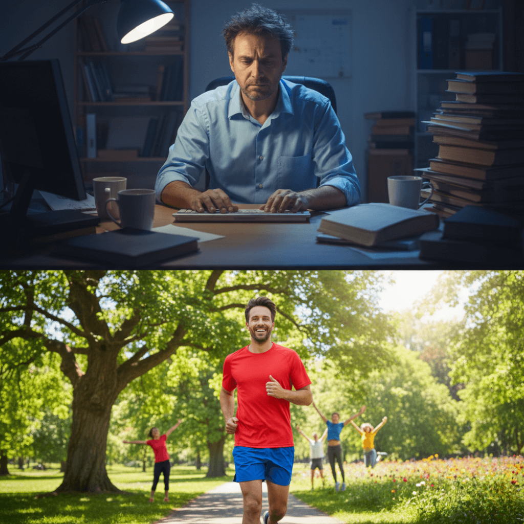 Tired adult turning into a person full of energy outdoors