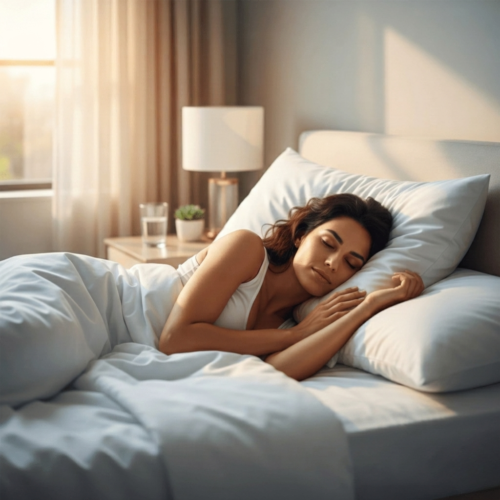 Woman peacefully sleeping, supporting natural weight loss and metabolic balance.