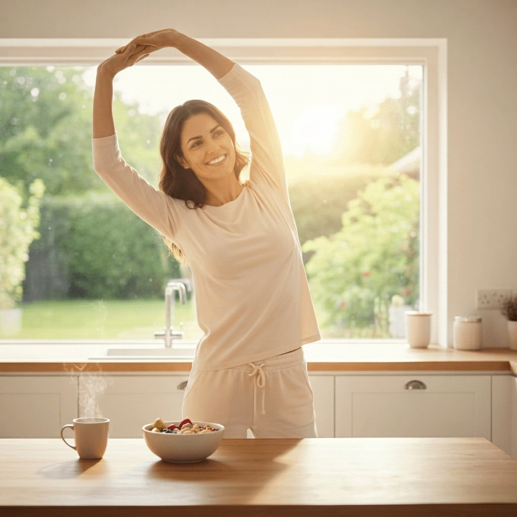 Woman feeling energetic, balanced, and motivated after a restful night and natural weight support.