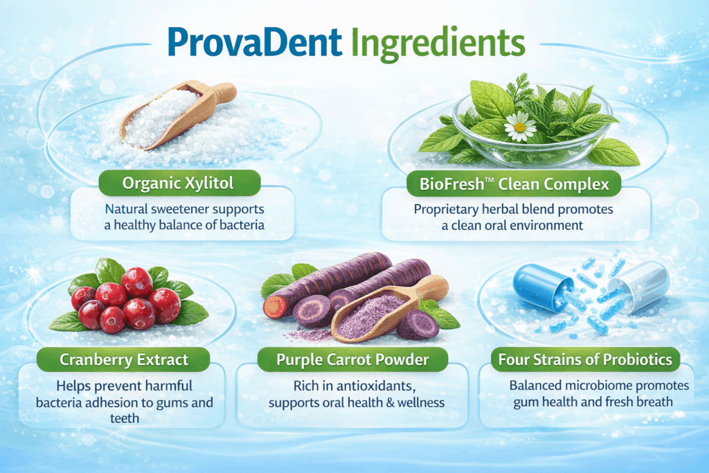 "ProvaDent key natural ingredients including xylitol, BioFresh Clean Complex, cranberry extract, purple carrot powder, and probiotics for oral health support."