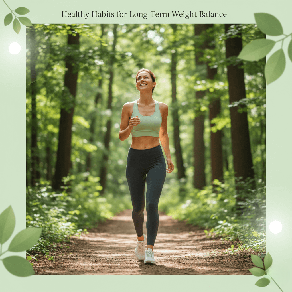 “Woman walking outdoors in a natural environment promoting healthy habits and long-term weight balance.”