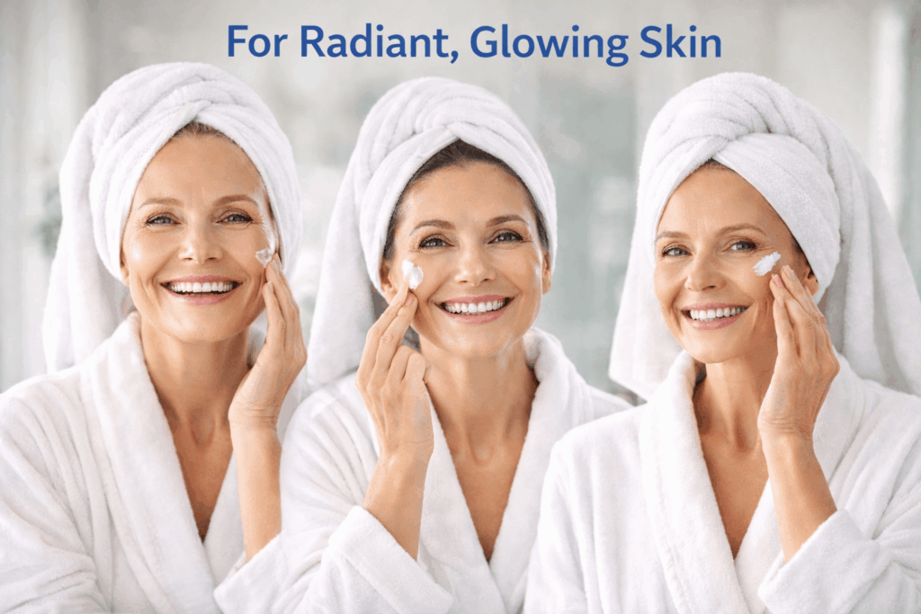 Three middle-aged women applying Idrotherapy Cell Renewal Cream to their faces, showing radiant, hydrated, and healthy skin in a professional spa-like setting.