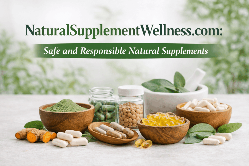 "Professional banner for NaturalSupplementWellness.com showing a calm natural environment with leaves and soft green accents, representing safe and responsible natural supplements."