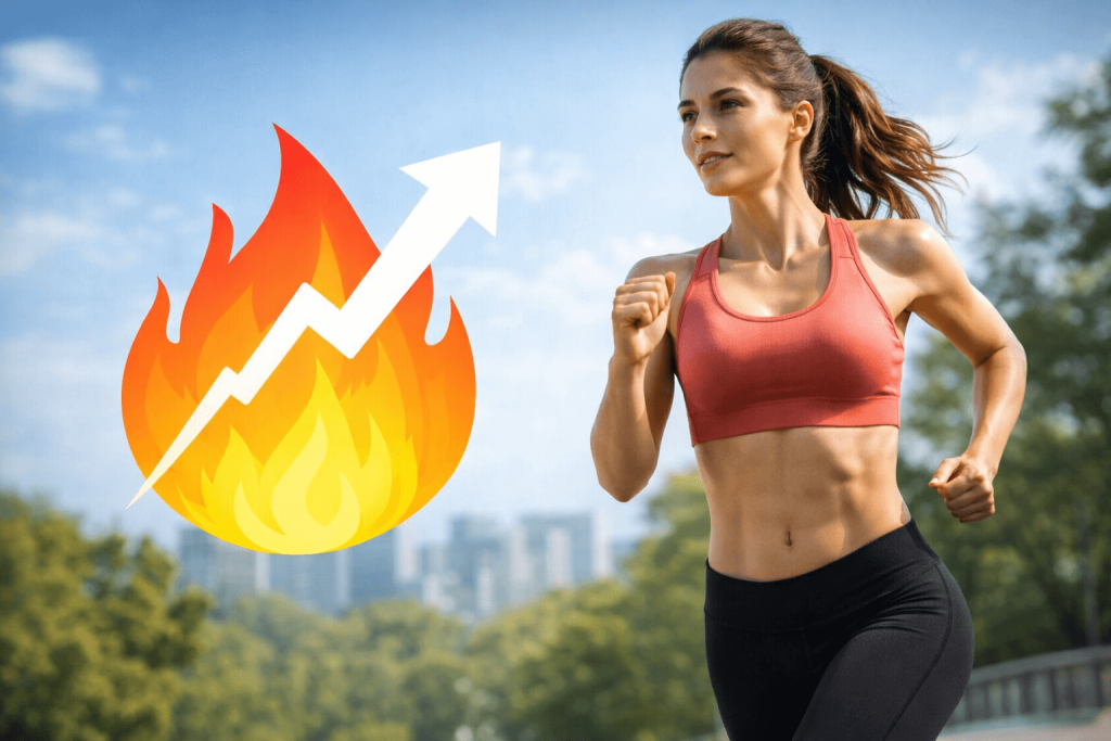 "Athletic woman running outdoors with a toned abdomen, symbolizing active metabolism and fat burning benefits of Sumatra Slim Belly Tonic"