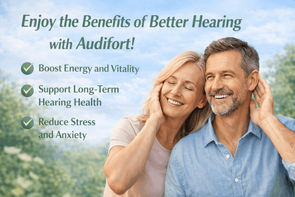 “Smiling adults showing improved hearing and wellness, representing the additional benefits of Audifort for clarity, energy, and overall auditory health.”