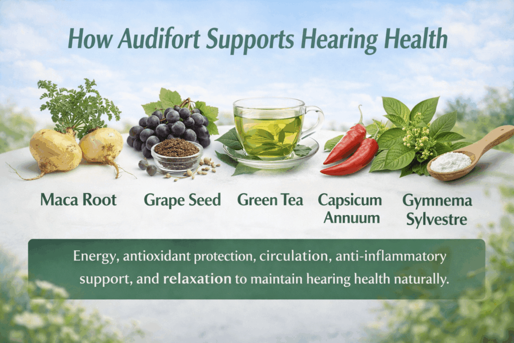 “Audifort natural ingredients including maca root, grape seed, green tea, capsicum annuum, gymnema sylvestre, and GABA, supporting hearing health with antioxidant, anti-inflammatory, and circulation benefits.”