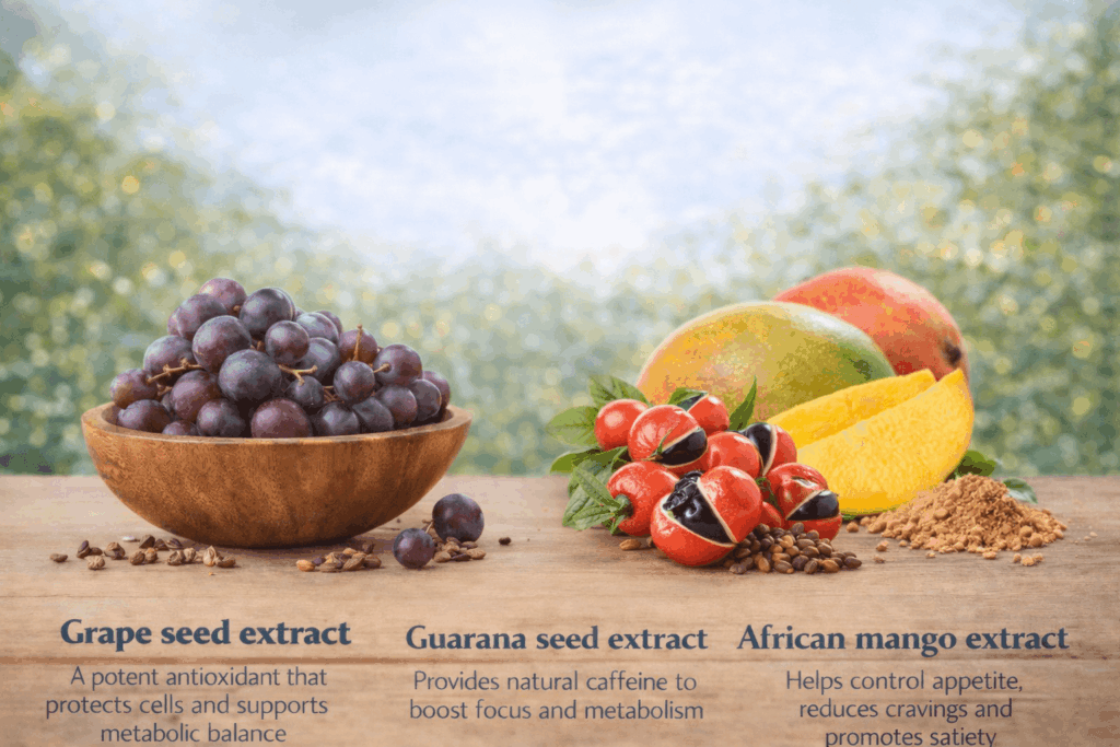 Natural ingredients including grape seed extract, guarana seed extract, and African mango supporting metabolism, energy, and appetite control