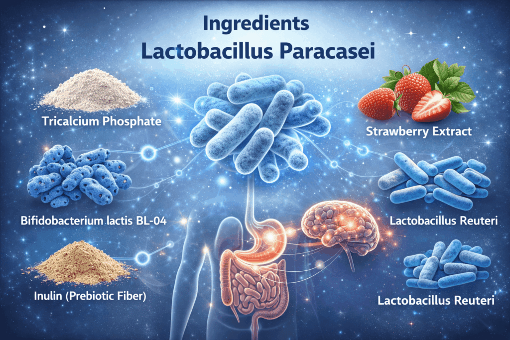 Illustration representing natural probiotic and plant-based ingredients that support gut health, mental clarity, and cognitive balance.
