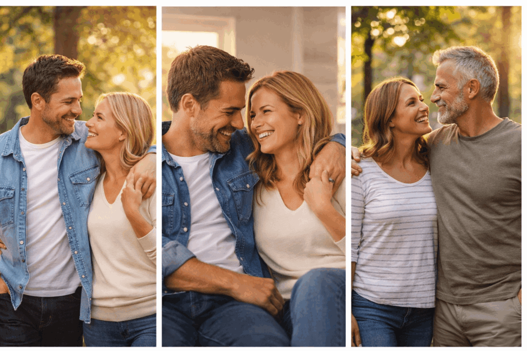 “Middle-aged couple smiling outdoors, walking together peacefully, representing natural male vitality, harmony, and emotional well-being.”