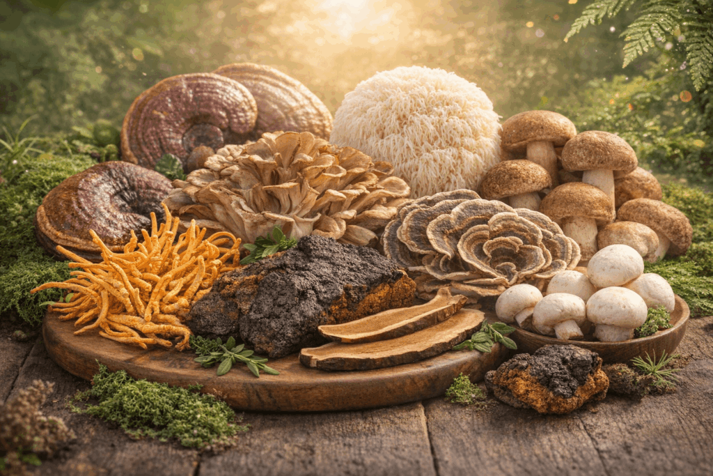Medicinal mushrooms and Cordyceps Sinensis ingredients supporting natural vitality and hormonal balance