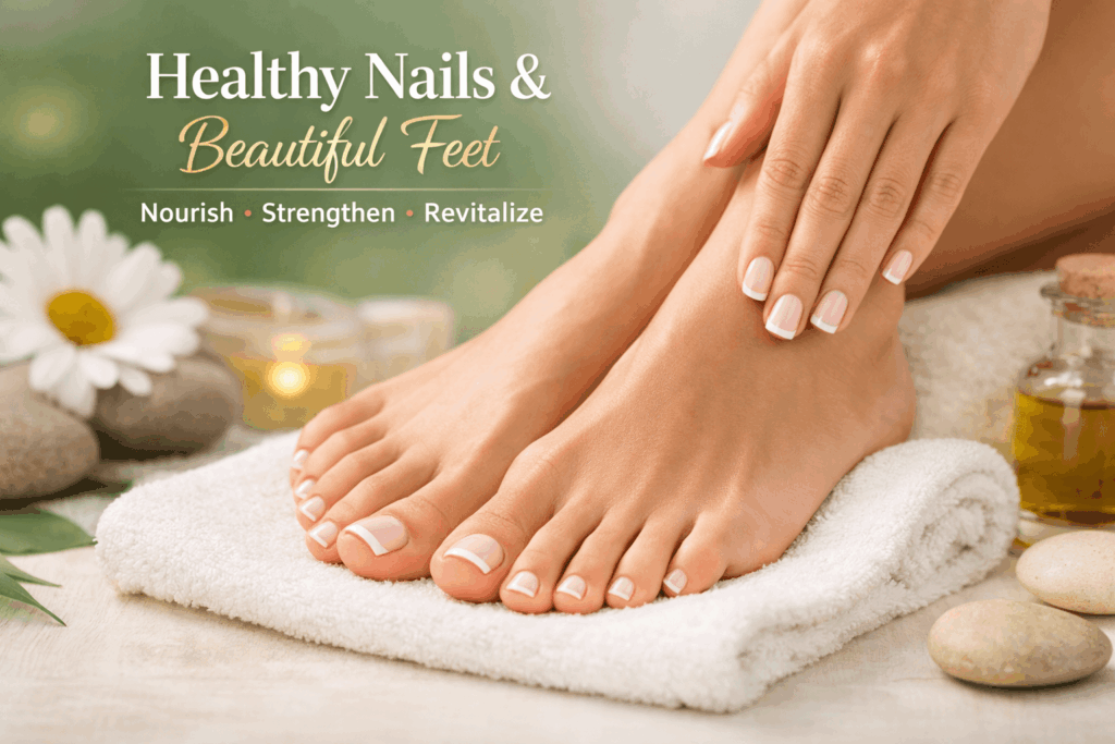 "Close-up of well-groomed female feet with glossy nails resting on a white towel, surrounded by spa elements, representing healthy nails and beautiful feet care."