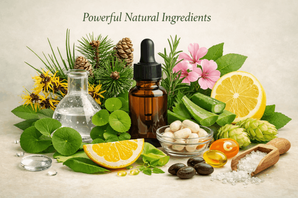 "Photorealistic display of Metanail natural ingredients for nails and feet, including Hamamelis, Scots Pine, Horsetail, Gotu Kola, Rosemary, Aloe Vera, Green Tea, Vitamin C and E, Hyaluronic Acid, Jojoba and Sage, and MSM, arranged around a dropper bottle and capsules on a neutral background."