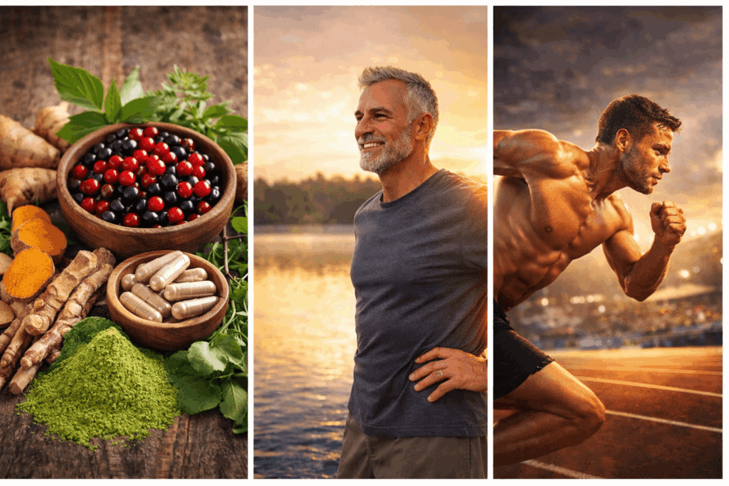 “Natural herbal extracts and nutrients displayed on a clean background, representing energy support, circulation health, and male vitality benefits.”