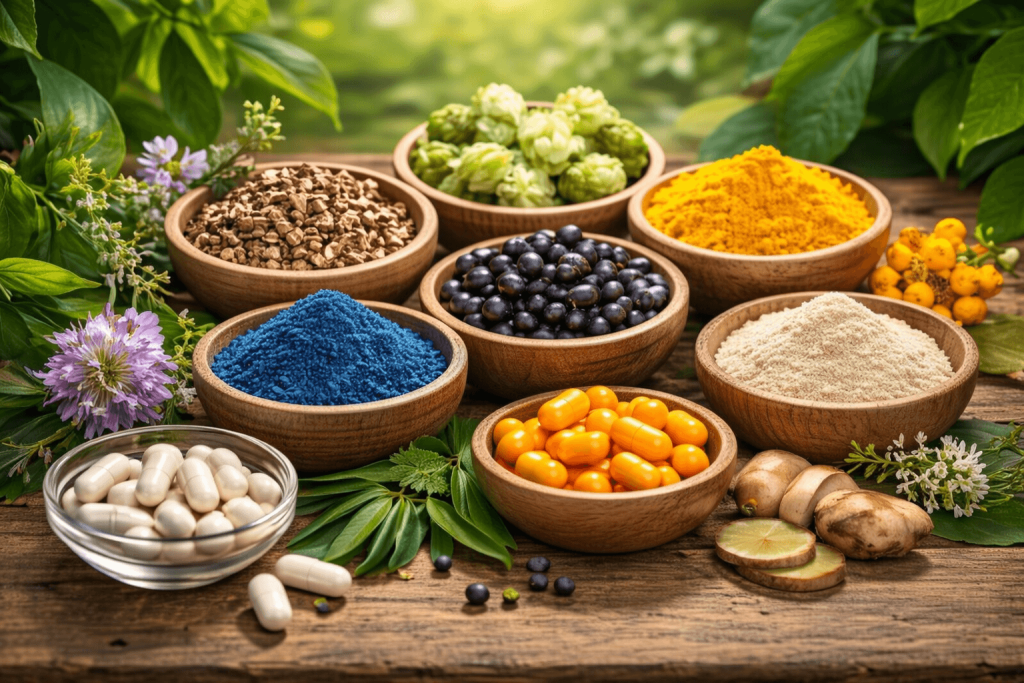 ALT text: "Assortment of natural ingredients including Valerian Root, Hops, Berberine, 5-HTP, Blue Spirulina, Lutein, Black Cohosh, and Inulin, representing the components of Sumatra Slim Belly Tonic"
